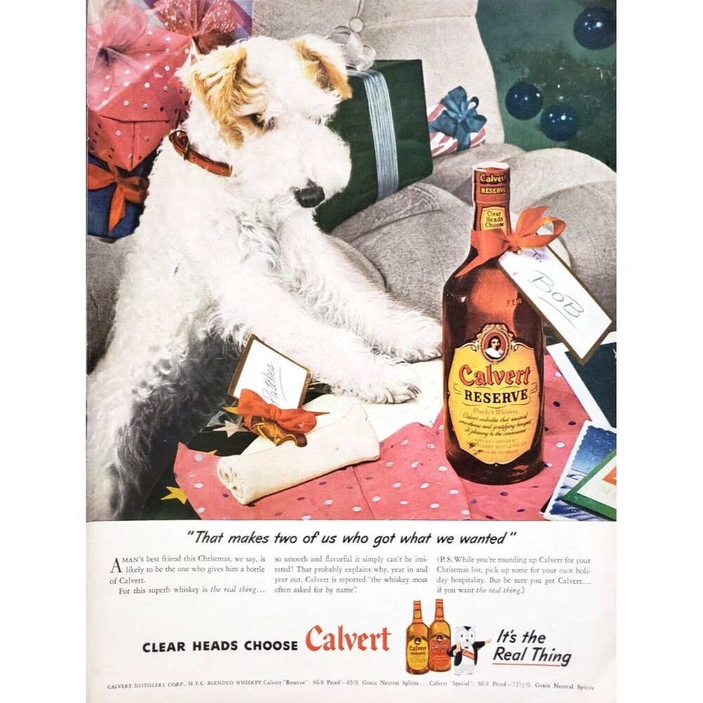 PRINT AD Calvert Reserve Whiskey 1945 Christmas Wire Haired Fox Terrier Dog Bone